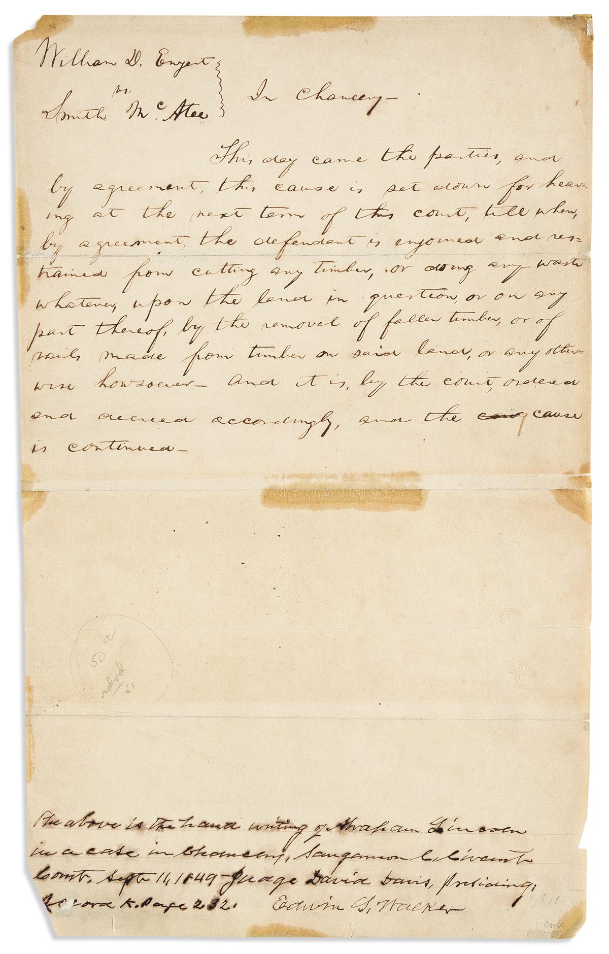 LINCOLN, ABRAHAM. Autograph Document, unsigned, 11-line court order for the case of William D. Enyart v. Smith McAtee.